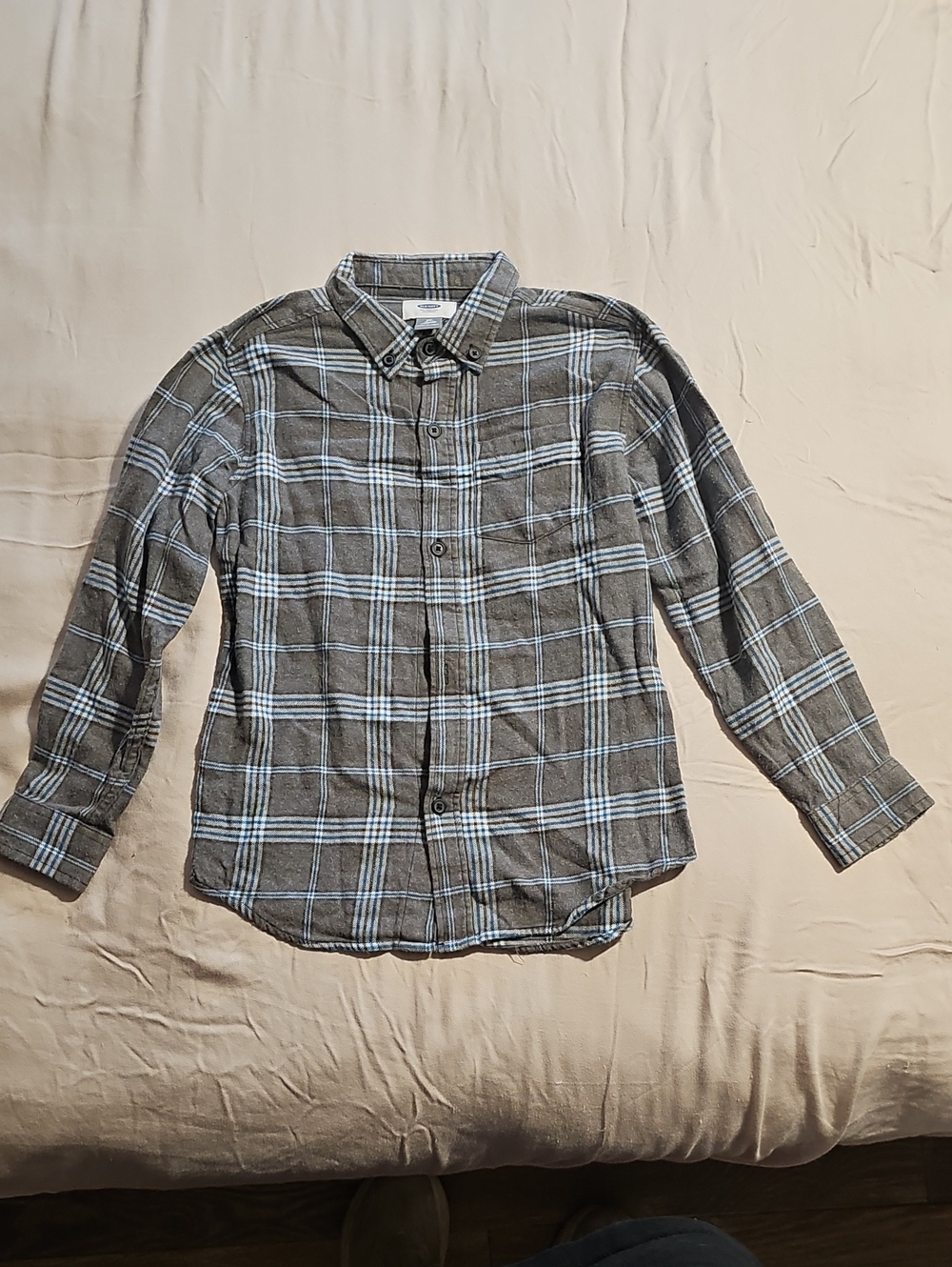 Old Navy Gray Plaid Button-Down Shirt with Light Blue Accents